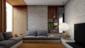 Interior lounge room ith low couch, timer and stone walls, and recessed window — sustainable new home — Eltham — Moloney Architects