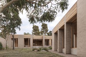 View of external stone brick and timber walls with openings — sustainable new home — Eltham — Moloney Architects