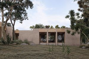 View of external stone brick and timber walls with openings, and surrounding landscape — sustainable new home — Eltham — Moloney Architects— sustainable new home — Eltham — Moloney Architects