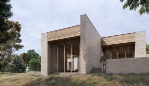 Modern home with timber and stone brick external walls, floor-to-ceiling sliding glass doors and a protruding wall — sustainable new home — Eltham — Moloney Architects